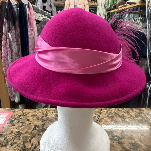 Vintage Mr Charles Pink Wool Hat Feather Wide Brim Dress Church Derby USA main image 4